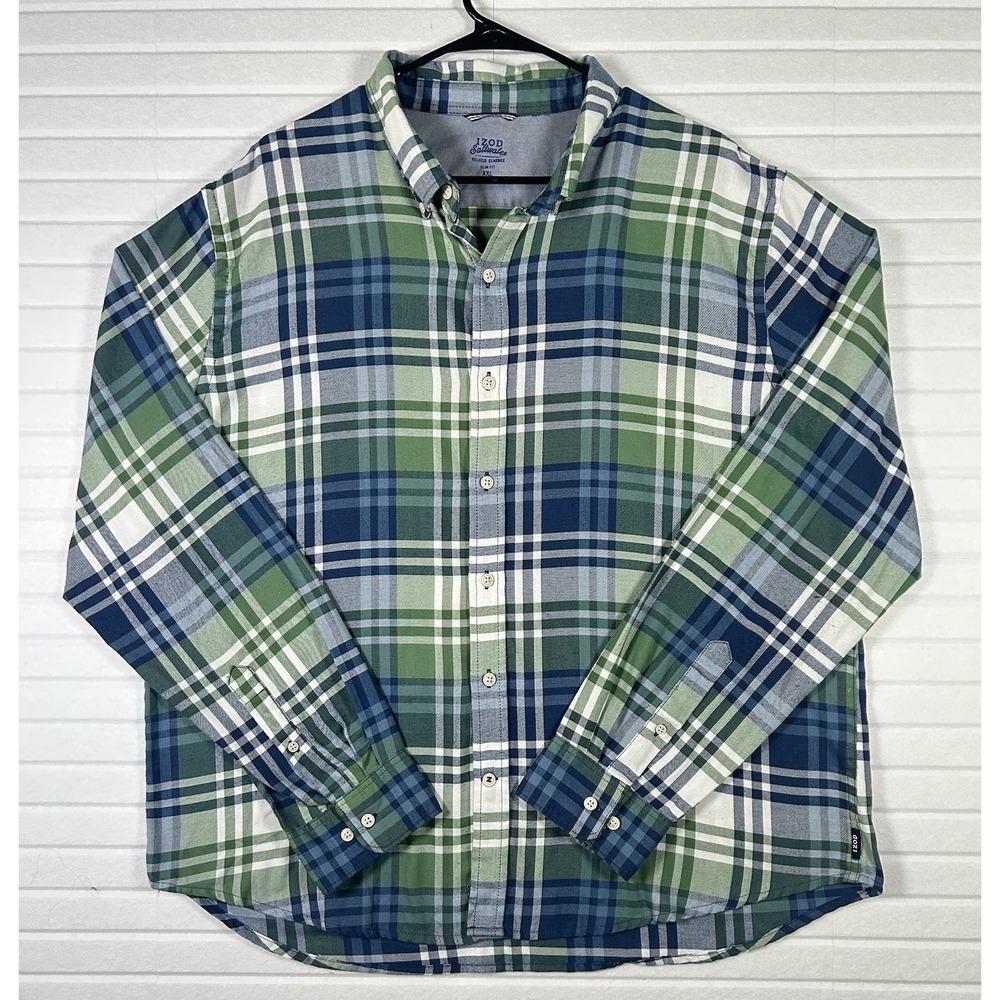 IZOD Saltwater Men's XXL Plaid Button Down Shirt Green Blue Long Sleeve